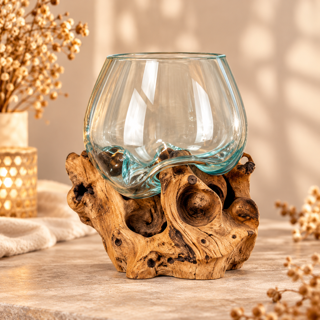 Wurzel natur mit einem Glas mittig 20x20x20cm