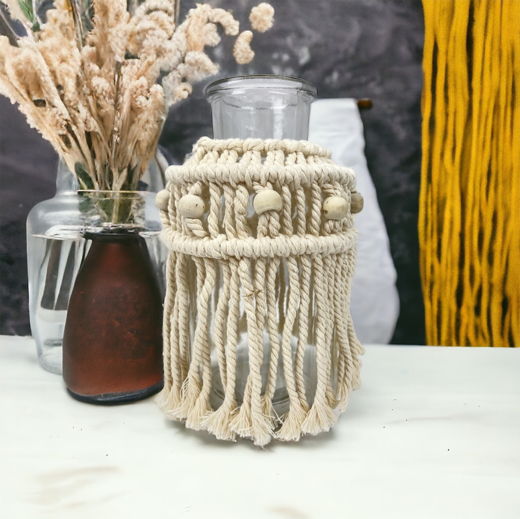 Vase "Greta" mit Macrame 10x10x20cm mit Kunstfederzweig