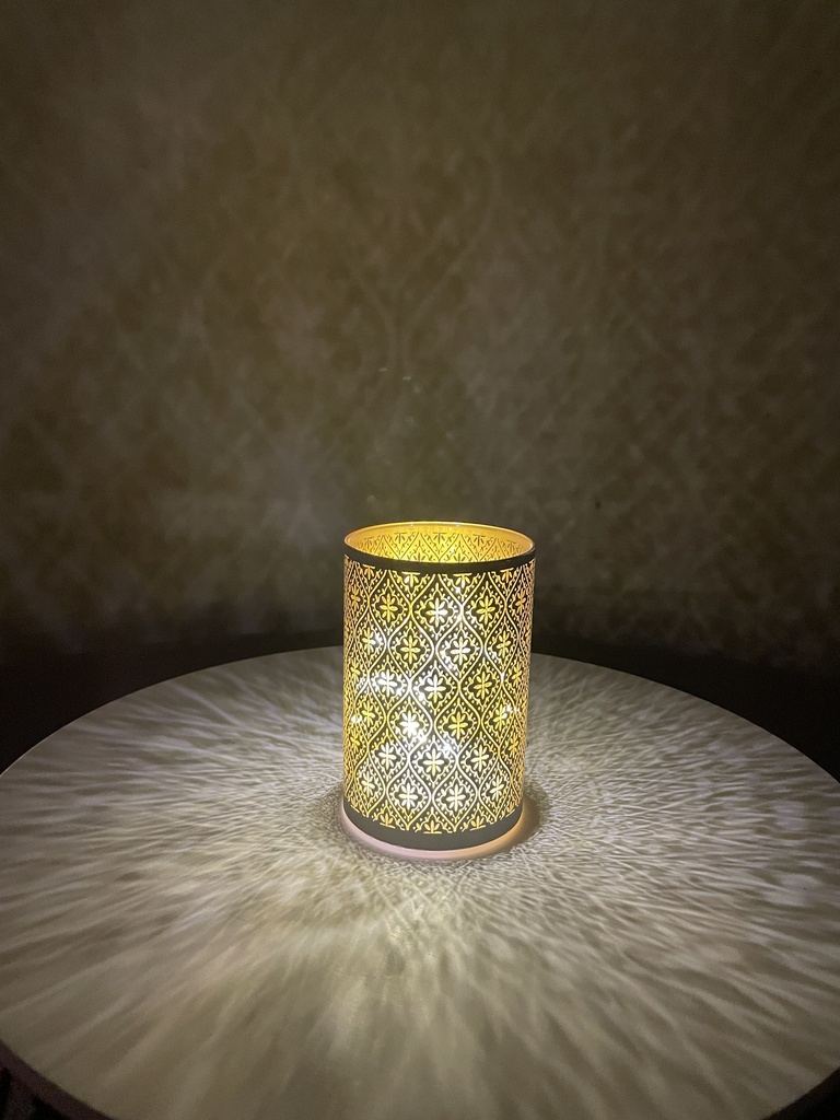 Glaszylinder matt weiß mit Muster 10 cm x 15 cm mit Timer 8 LED