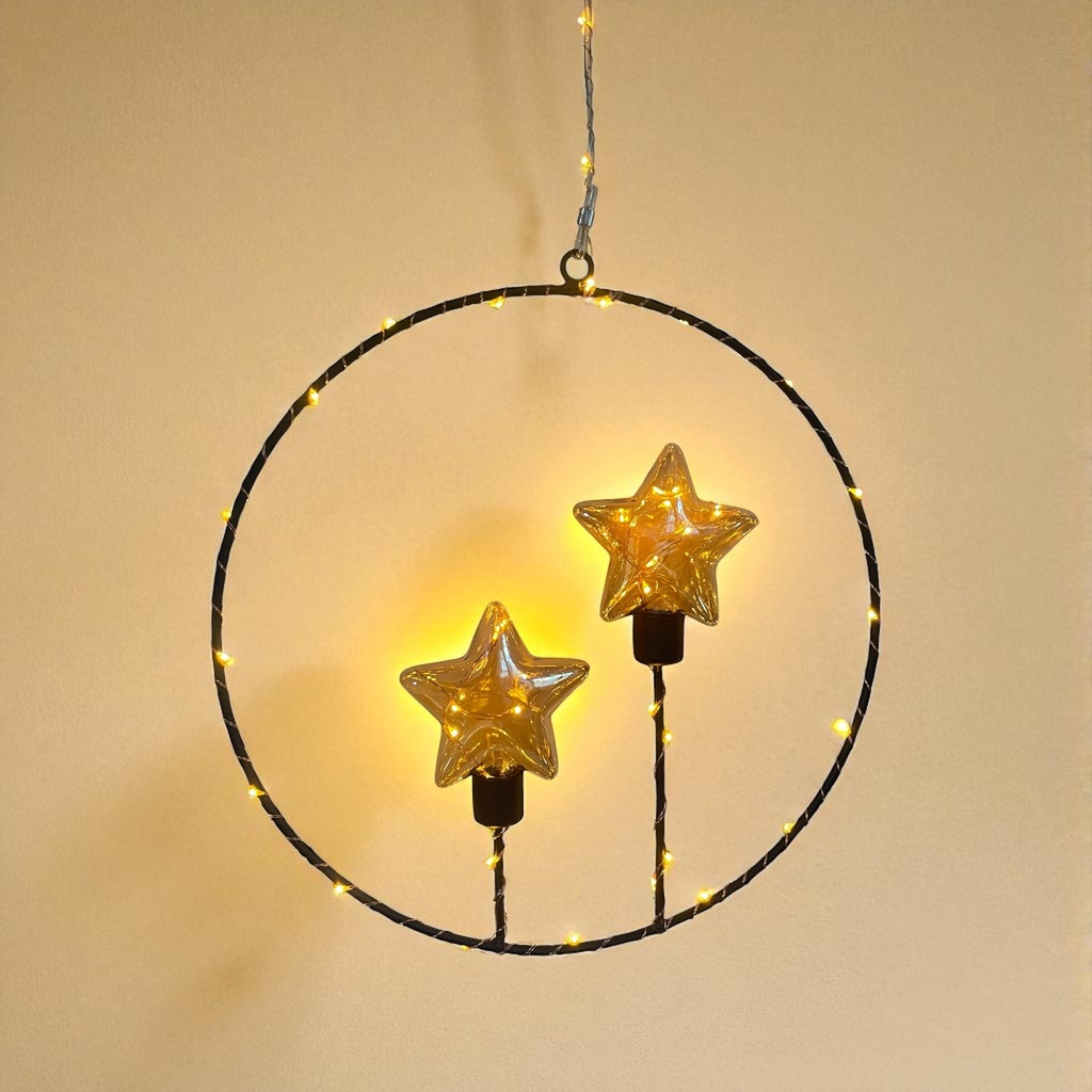 Metallring schwarz mit zwei Sternenbirnen und Kupferdraht D: 29cm