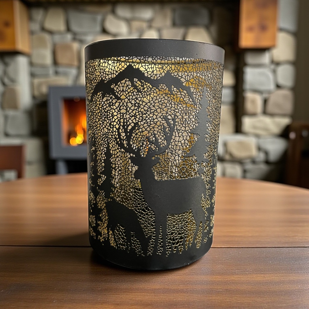 Glaszylinder matt schwarz mit Rentier H: 16cm