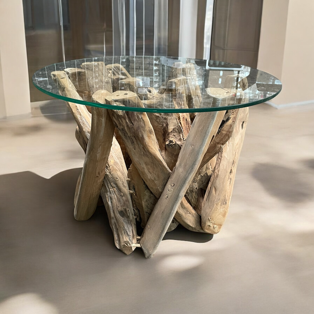 Tisch aus Wurzelholz mit Glasplatte H: 60cm D: 60cm